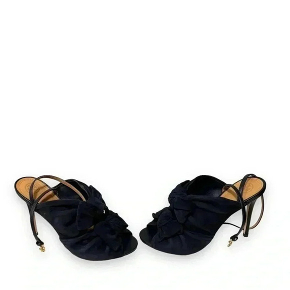 Tory Burch Eleanor 105mm Suede Bow Knot Heeled Sandals in Navy Blue Size 8.5 - Picture 4 of 9